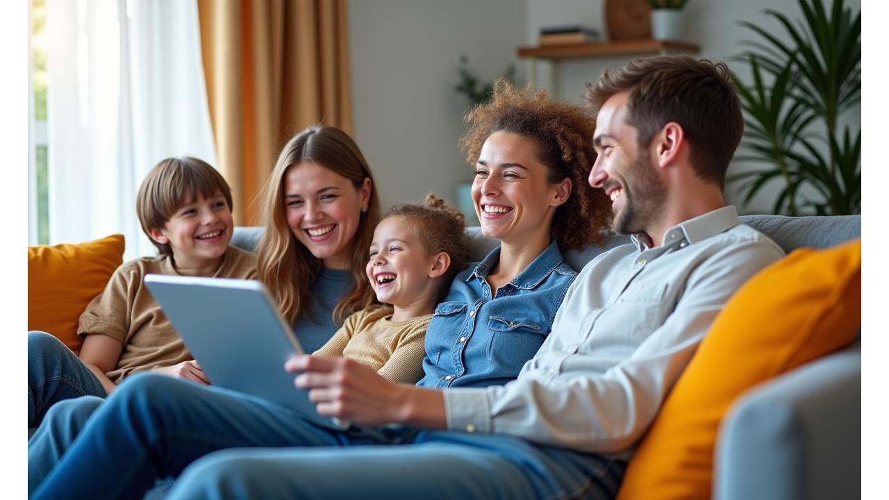 Laiminga šeima namuose peržiūrinti planšetėje finansinius dokumentus, simbolizuojanti ramybę ir saugumą dėl finansinių sprendimų.