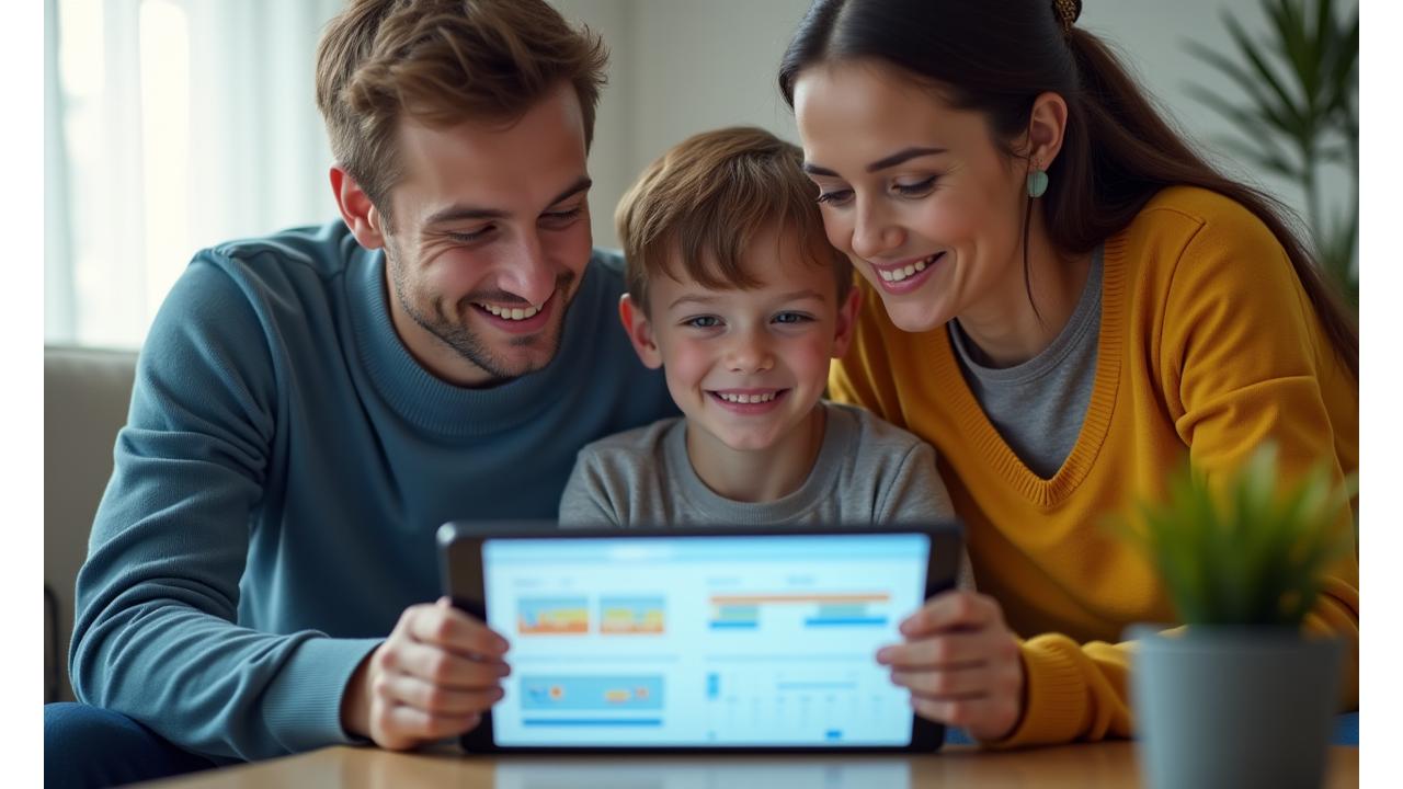 Šeima, planuojanti biudžetą su interaktyviu paskolos grąžinimo kalendoriaus pavyzdžiu. Ryškios, teigiamos spalvos pabrėžia ramybę ir lankstumą.