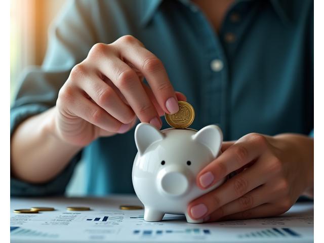 Rankos, įdedančios monetas į taupyklę, fone matomas mažėjantis grafikas, simbolizuojantis sutaupytą palūkanų dalį sumokėjus dalį paskolos anksčiau.