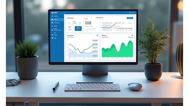 Modernus kompiuterio monitorius, rodantis intuityvią paskolos valdymo sistemą su finansiniais grafikais ir balanso ataskaitomis.