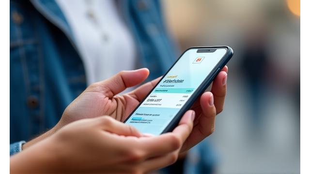 Rankos, laikančios išmanųjį telefoną su atidaryta Vilkas Pinigai mobiliąja programėle, rodančia paskolos balanso ekraną.