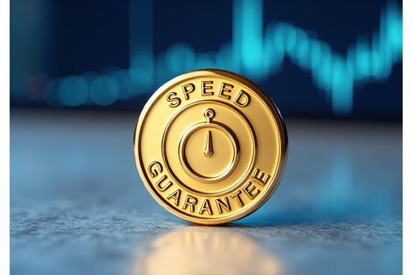 Auksinis medalis „Greičio Garantija“ su laikmačio simboliu ir sklandaus pinigų tekėjimo vizualizacija, fonu su banko transakcijų grafikais.