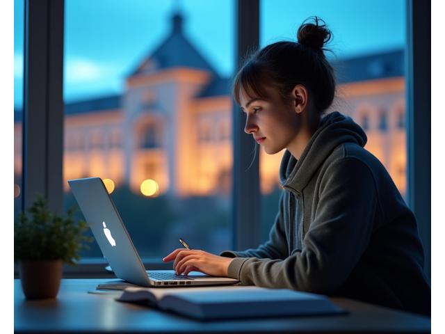 Jaunas studentas mokosi su nešiojamu kompiuteriu ir knygomis, fone universitetas, simbolizuojantis greitą ir patogų finansavimą studijoms.