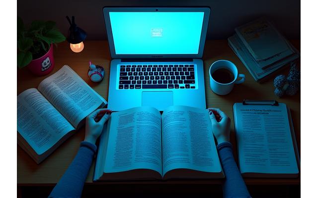 Studentas mokosi naktį, simbolizuojantis spaudimą egzaminų metu